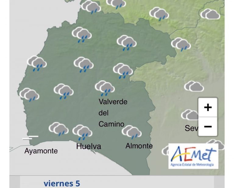 Alerta amarilla por fuertes lluvias para este viernes en la Costa, el Condado y el Andévalo de Huelva