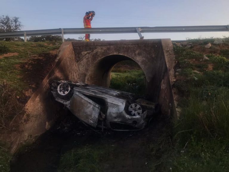 Bomberos del Consorcio extinguen un incendio en un coche que se precipitó desde un puente en Campofrío