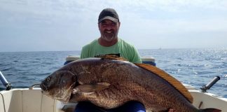Un pescador onubense captura una enorme corvina de 40 kilos en aguas de Mazagón