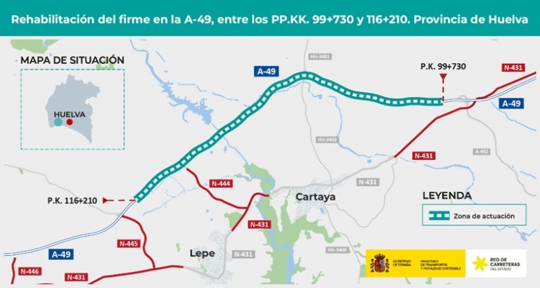 Licitada la rehabilitación de 16,5 kilómetros de la A-49 por Cartaya y Lepe
